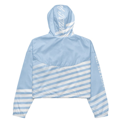 Light blue cropped windbreaker back with striped yoke and hood