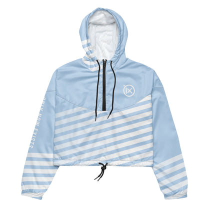 Light blue cropped windbreaker with striped panels, hood, and front zip closure