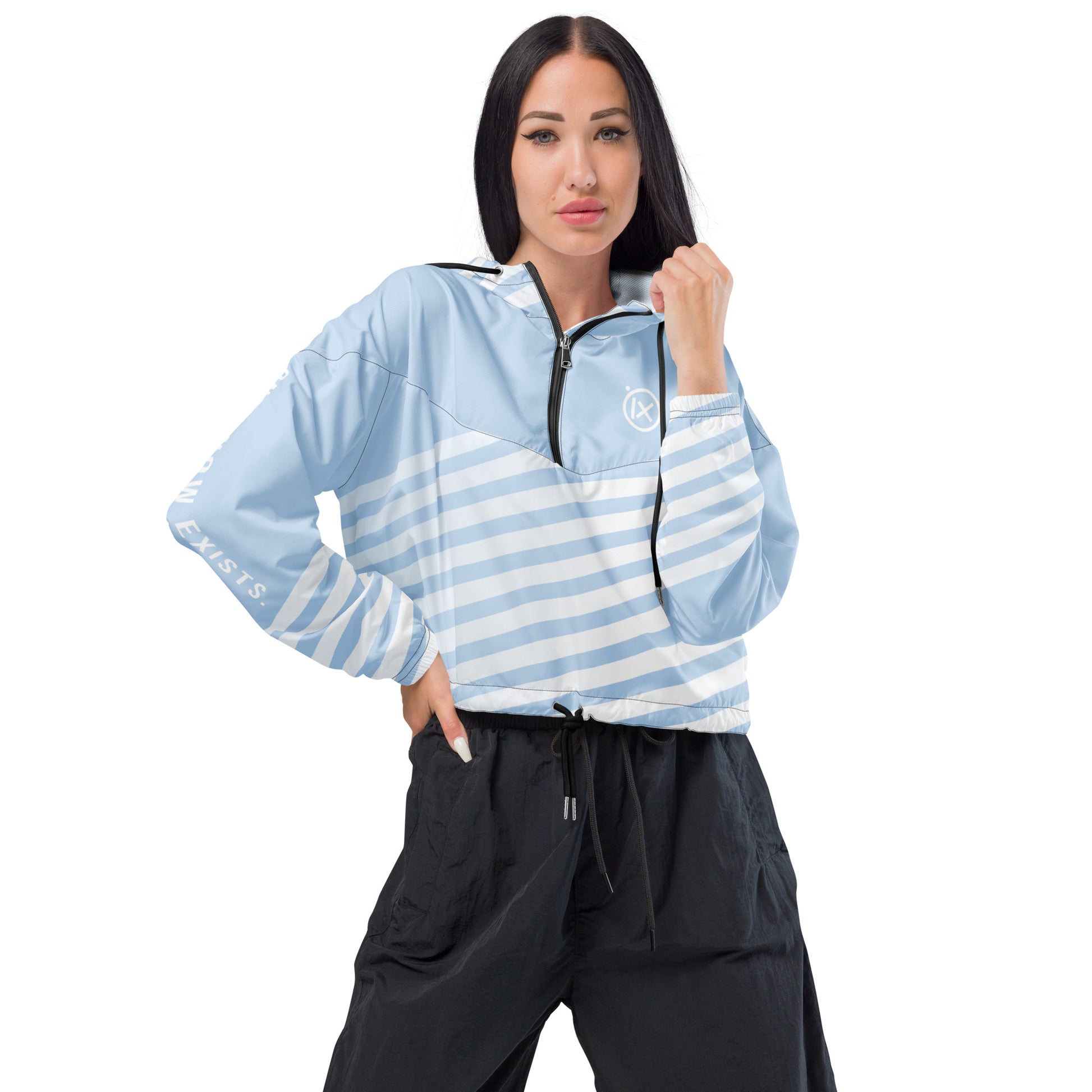 Light blue hooded cropped windbreaker with striped front and center zip