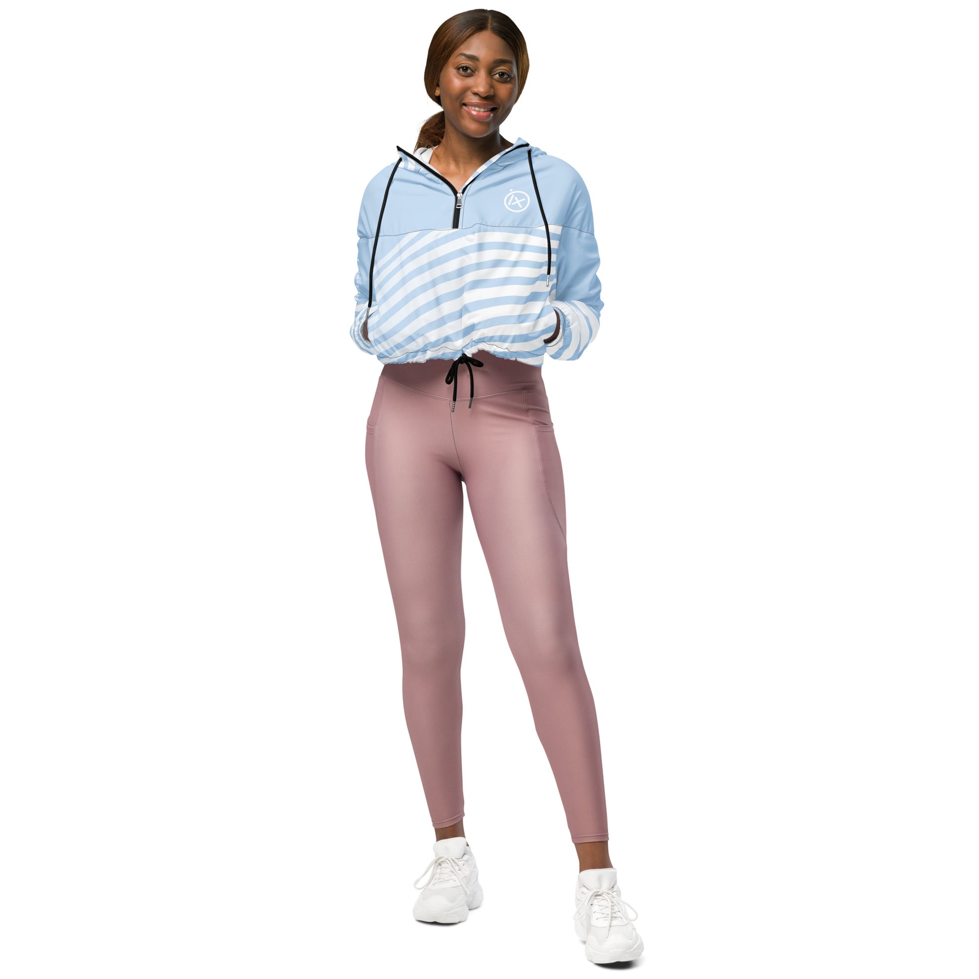 Hooded cropped windbreaker in light blue with white stripes, zip front and black drawcord