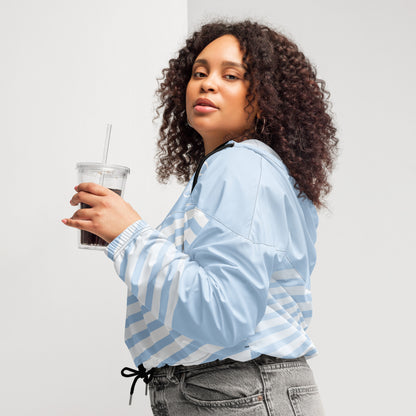 Cropped windbreaker in light blue with white stripes, hooded design and drawstring hem