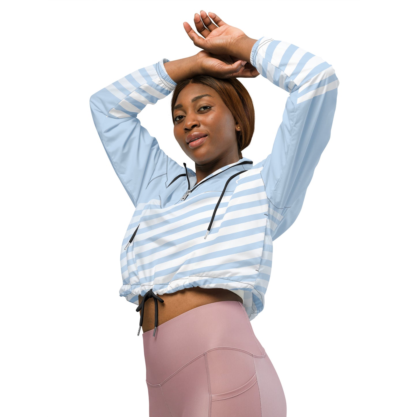Cropped windbreaker in light blue with white stripes, hood cords, front zip and drawstring hem