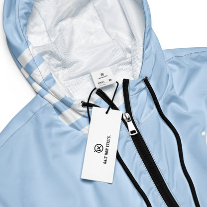 Light blue windbreaker interior mesh lining with hood seam and zipper track