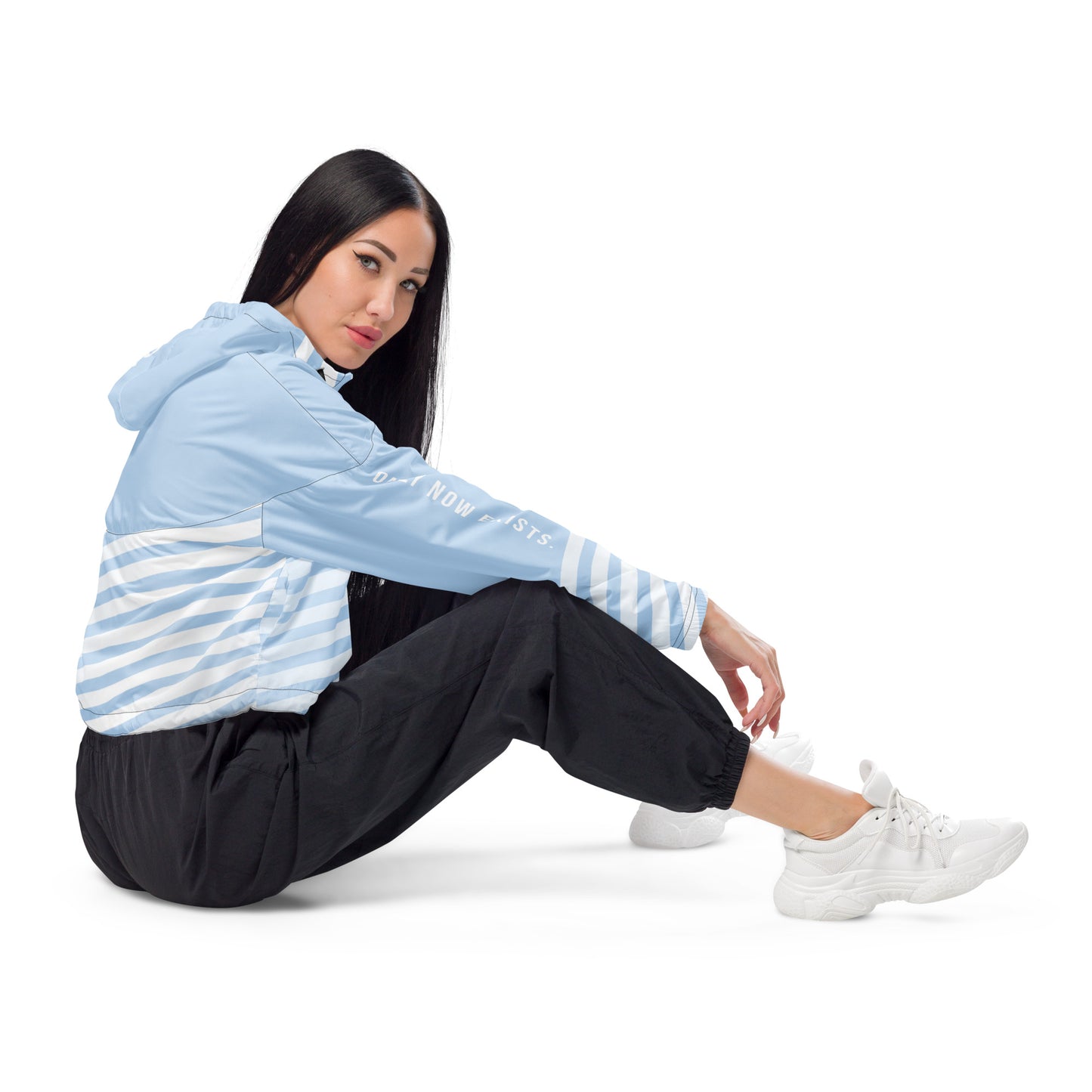 Light blue striped cropped windbreaker with drawstring hem and elastic cuffs