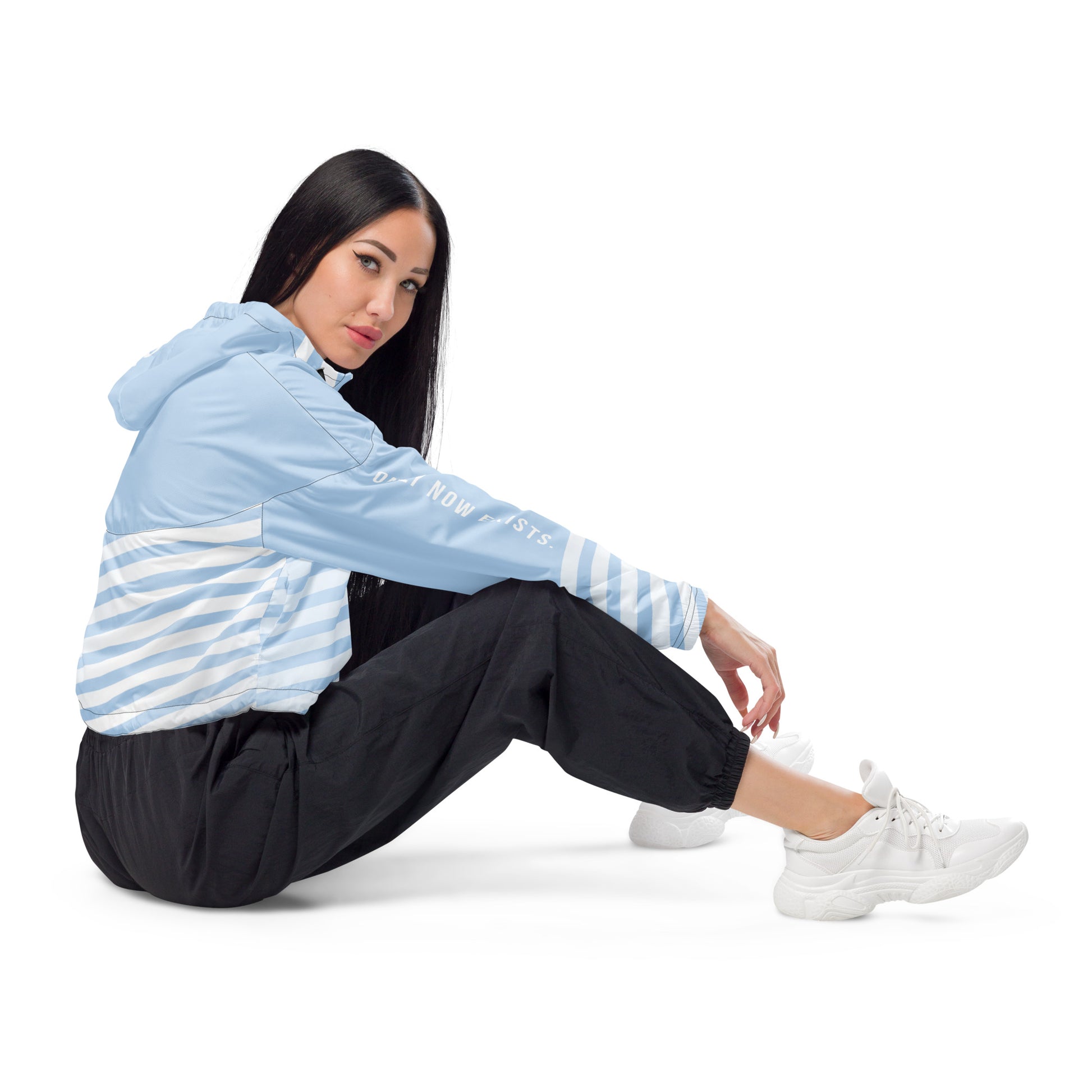 Light blue striped cropped windbreaker with drawstring hem and elastic cuffs