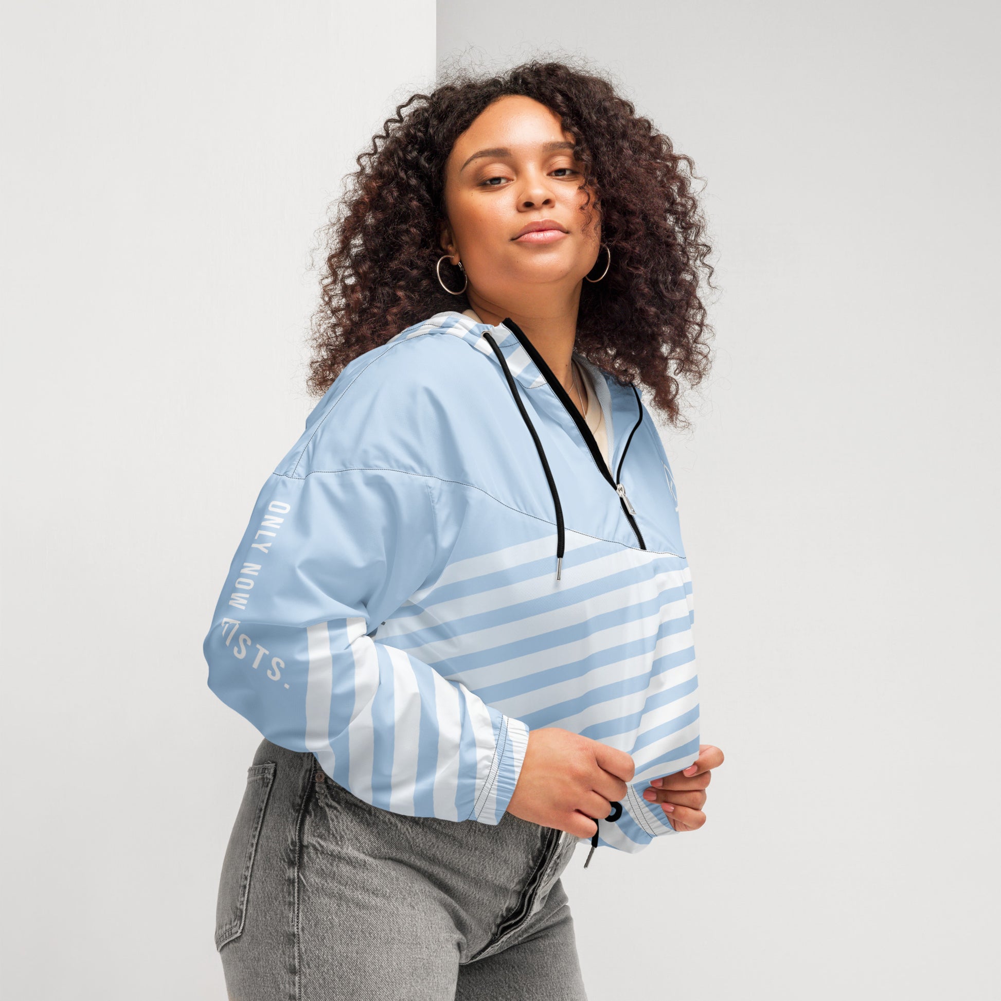 Light blue striped cropped windbreaker, half-zip front with hood and drawcord