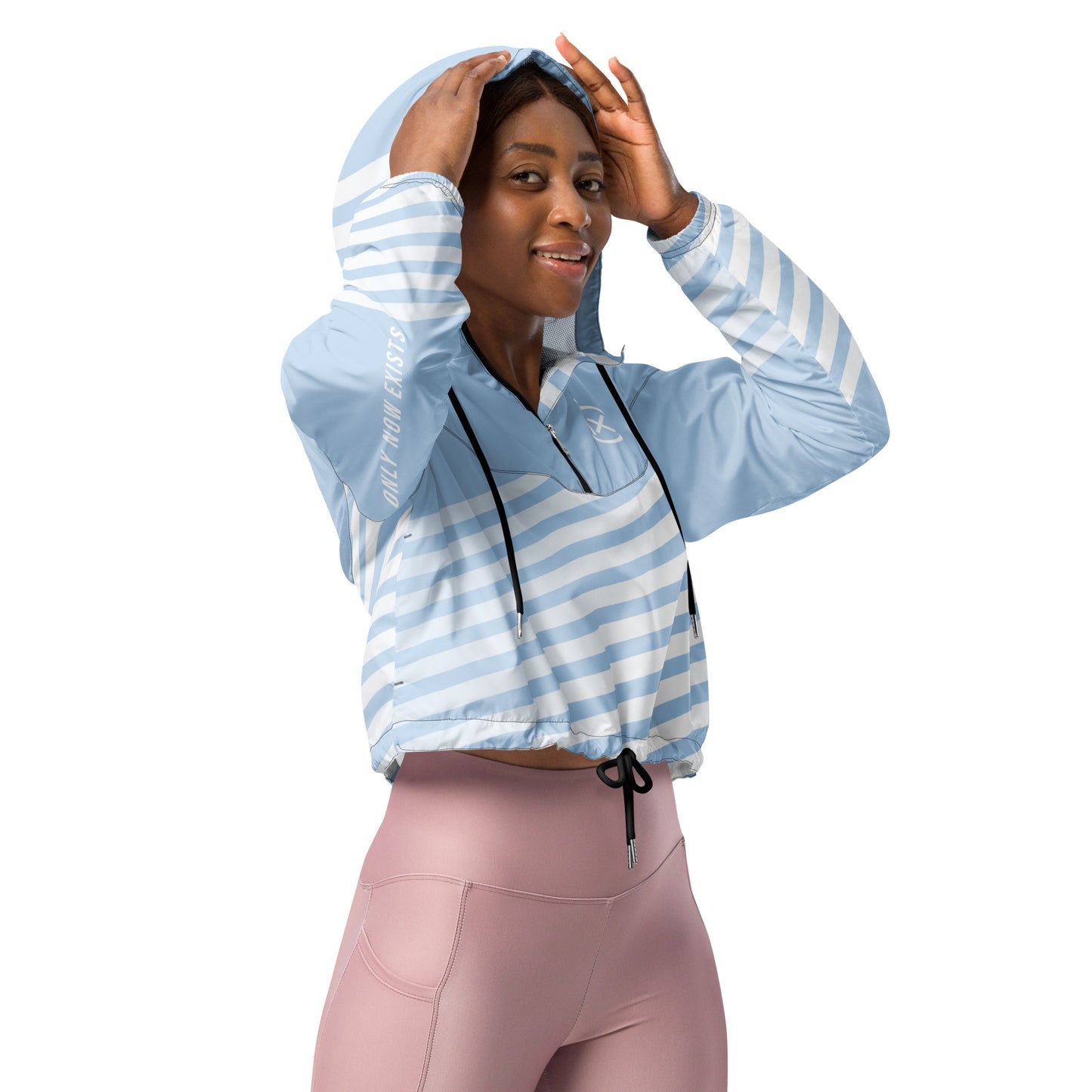 Light blue cropped windbreaker with striped sleeves, hood, and front zip