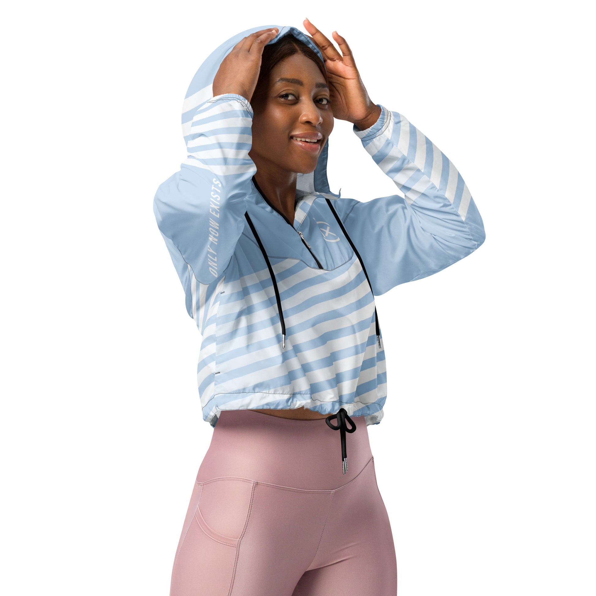 Light blue cropped windbreaker with striped sleeves, hood, and front zip