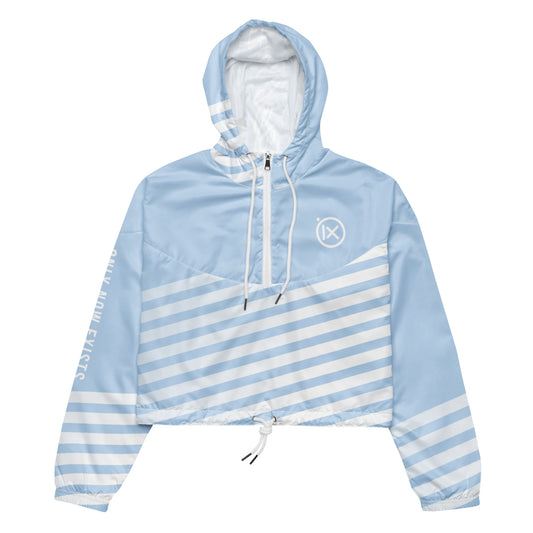 Light blue cropped windbreaker with striped panels, hood, and front zip