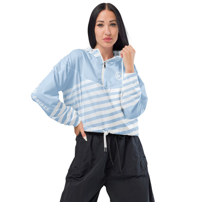 Light blue striped cropped windbreaker with front zipper and elastic cuffs