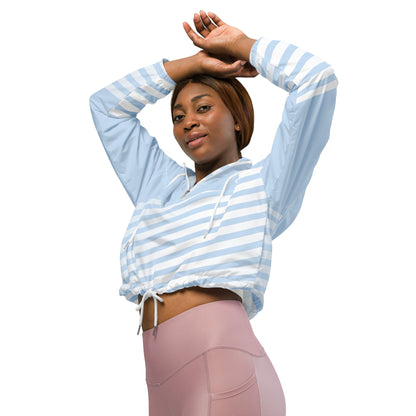 Light blue cropped windbreaker with striped front, hood, and drawstring cuffs