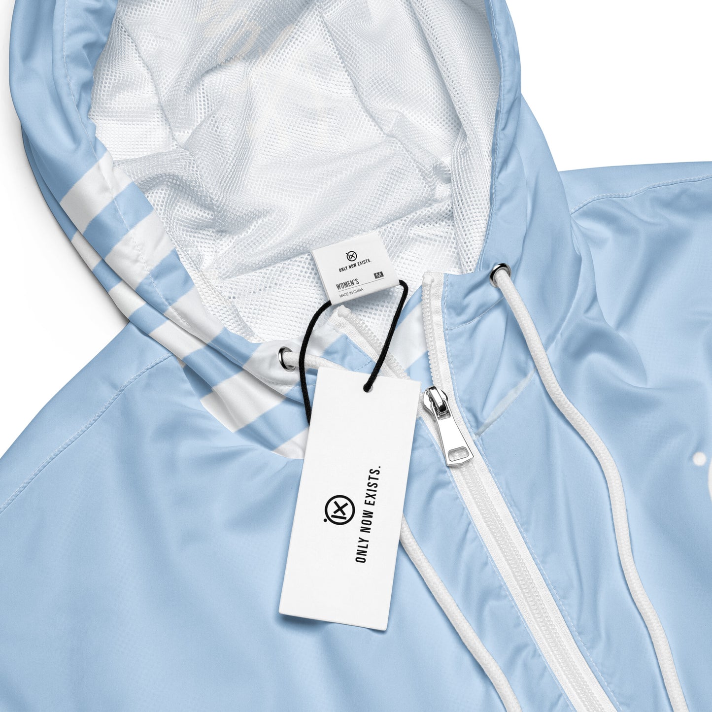 Light blue windbreaker zipper and drawcord with mesh-lined hood interior