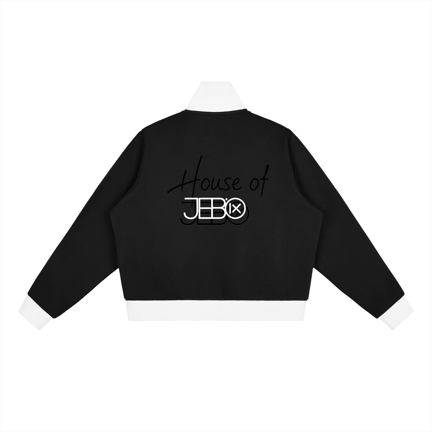 Black cropped track jacket back with slogan print, full zip, contrast side stripes
