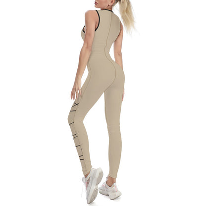 Women’s one-piece yoga suit, beige with black trim and side geometric print