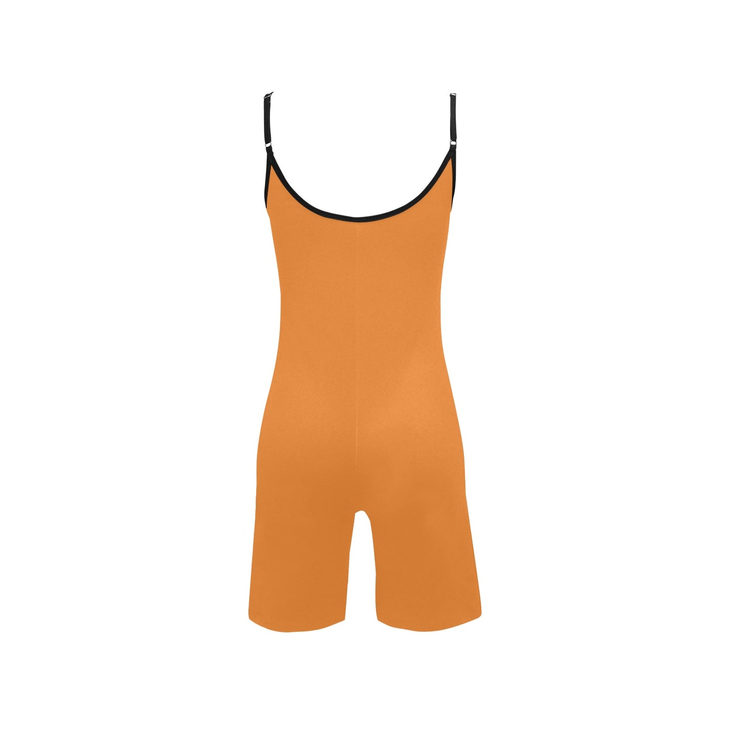 Orange short yoga bodysuit with spaghetti straps and black-trim scoop neckline