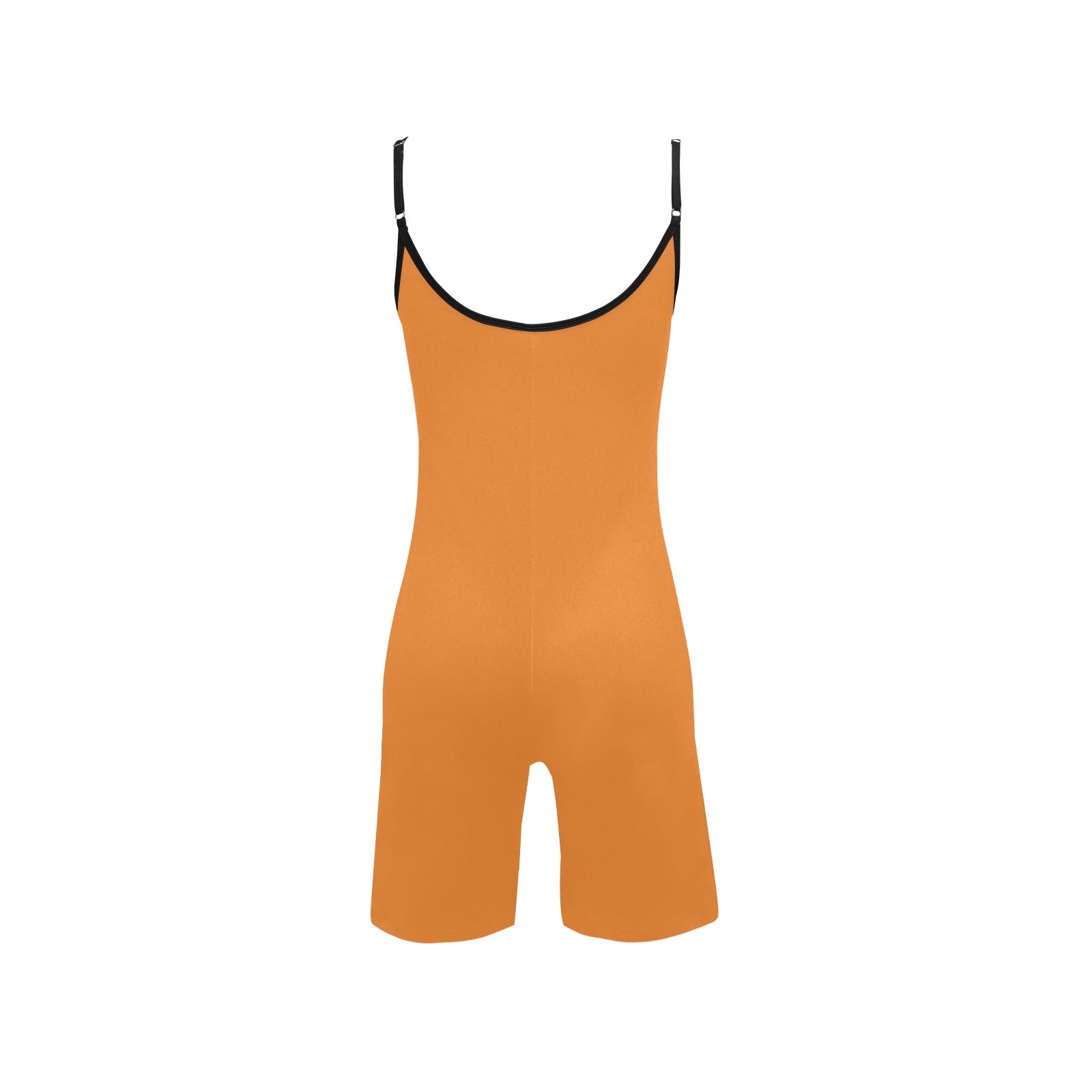 Orange short yoga bodysuit with spaghetti straps and black-trim scoop neckline