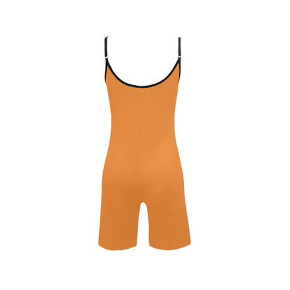 Orange short yoga bodysuit with spaghetti straps and black-trim scoop neckline