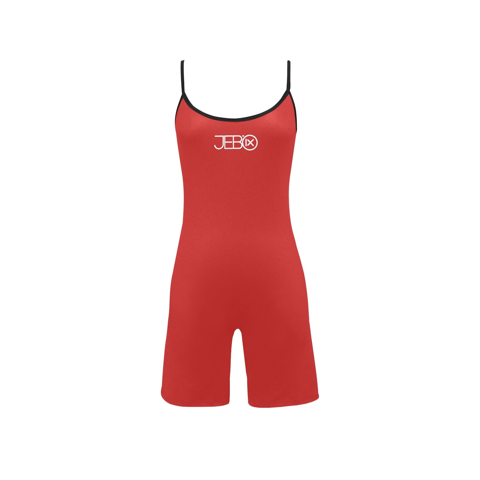 Fire red short yoga bodysuit, sleeveless with black-trim logo at chest