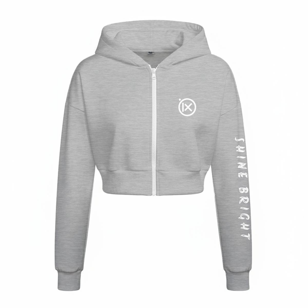 Gray zip-up fleece hoodie with hood, front logo badge and sleeve side text print.