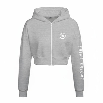 Gray zip-up fleece hoodie with hood, front logo badge and sleeve side text print.