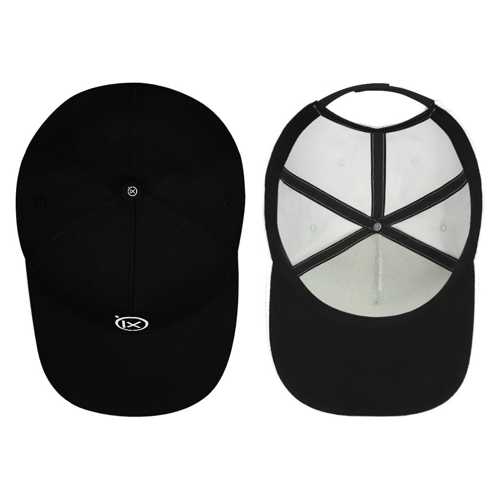 Black baseball cap front and back views with small Ix logo