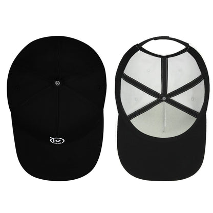 Black baseball cap front and back views with small Ix logo