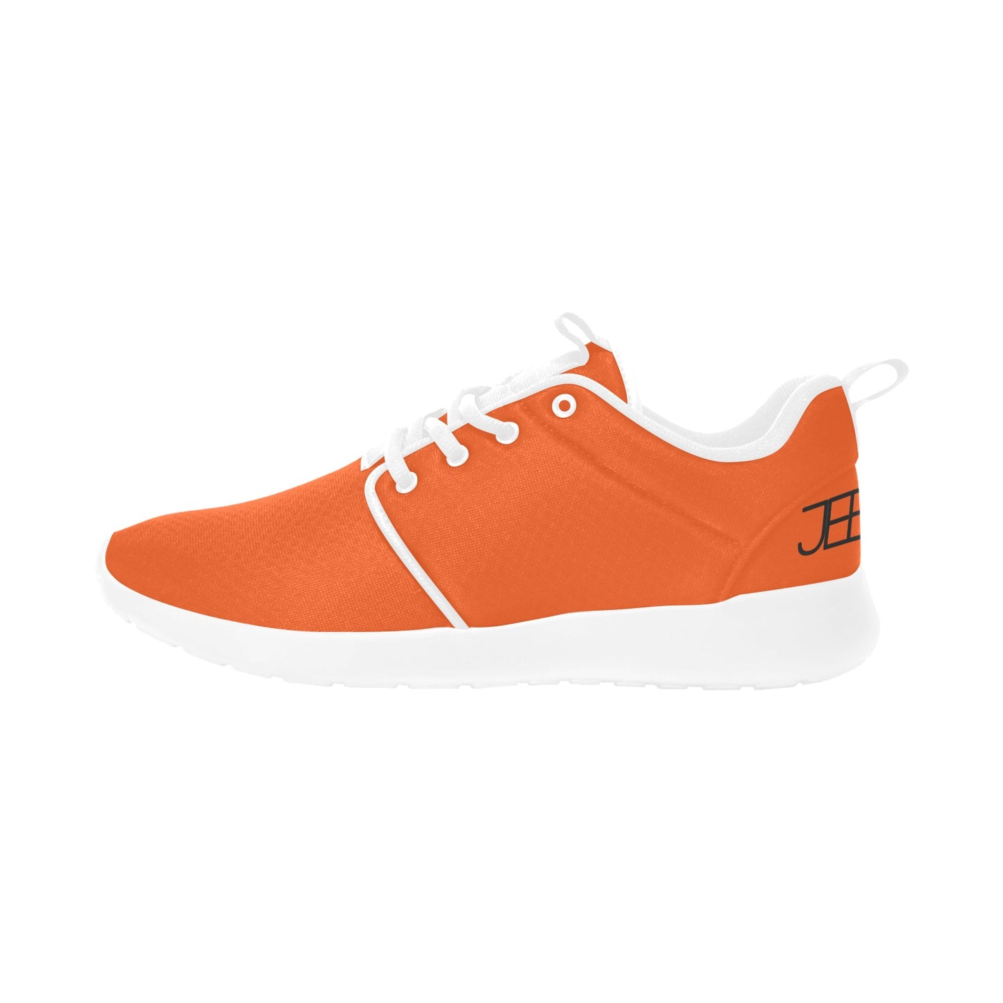 Men's running shoe, orange knit upper with white laces and white cushioned sole