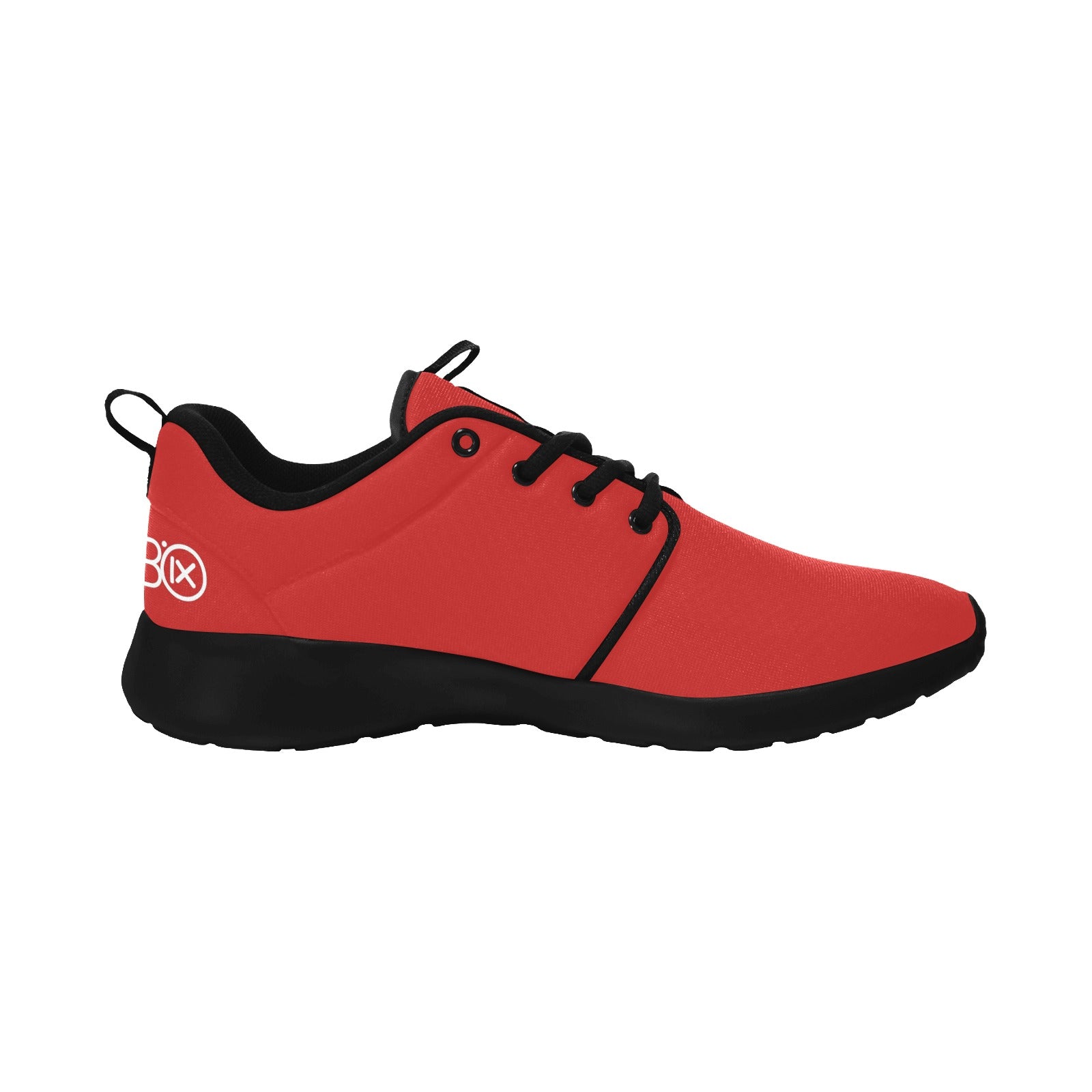 Mens core runner shoes, red side view with lace-up front and black trim around sole