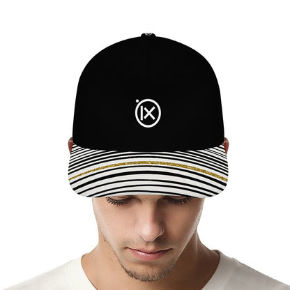 Black baseball cap with striped brim, gold accent line, and ix logo on front