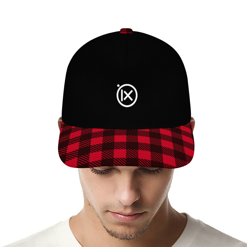 Black baseball cap with red plaid brim and Ix logo at the front