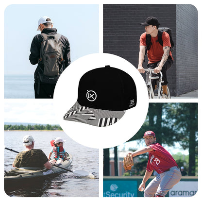 Black baseball cap with striped graphic brim and Ix logo, used in outdoor wear collage.