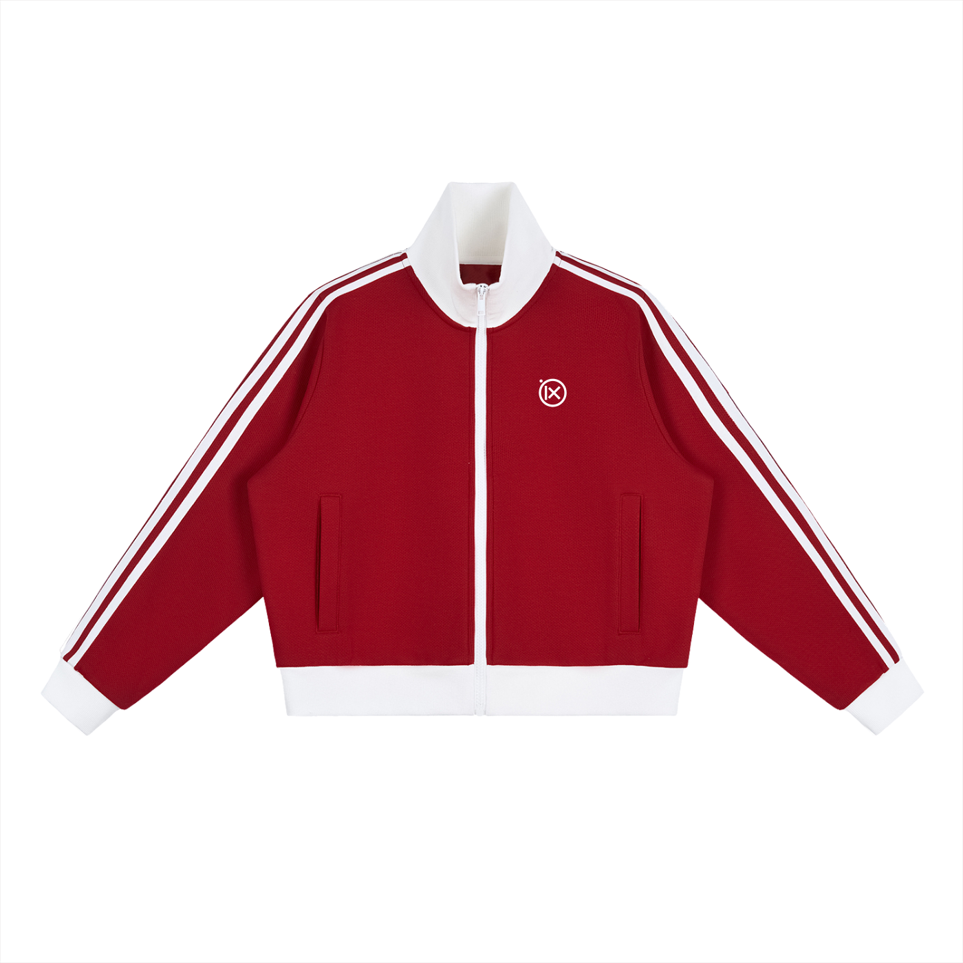 Red cropped track jacket with white hem, full zip, contrast side stripes