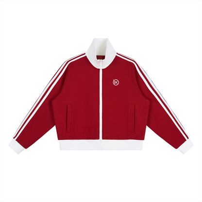 Red cropped track jacket with white hem, full zip, contrast side stripes