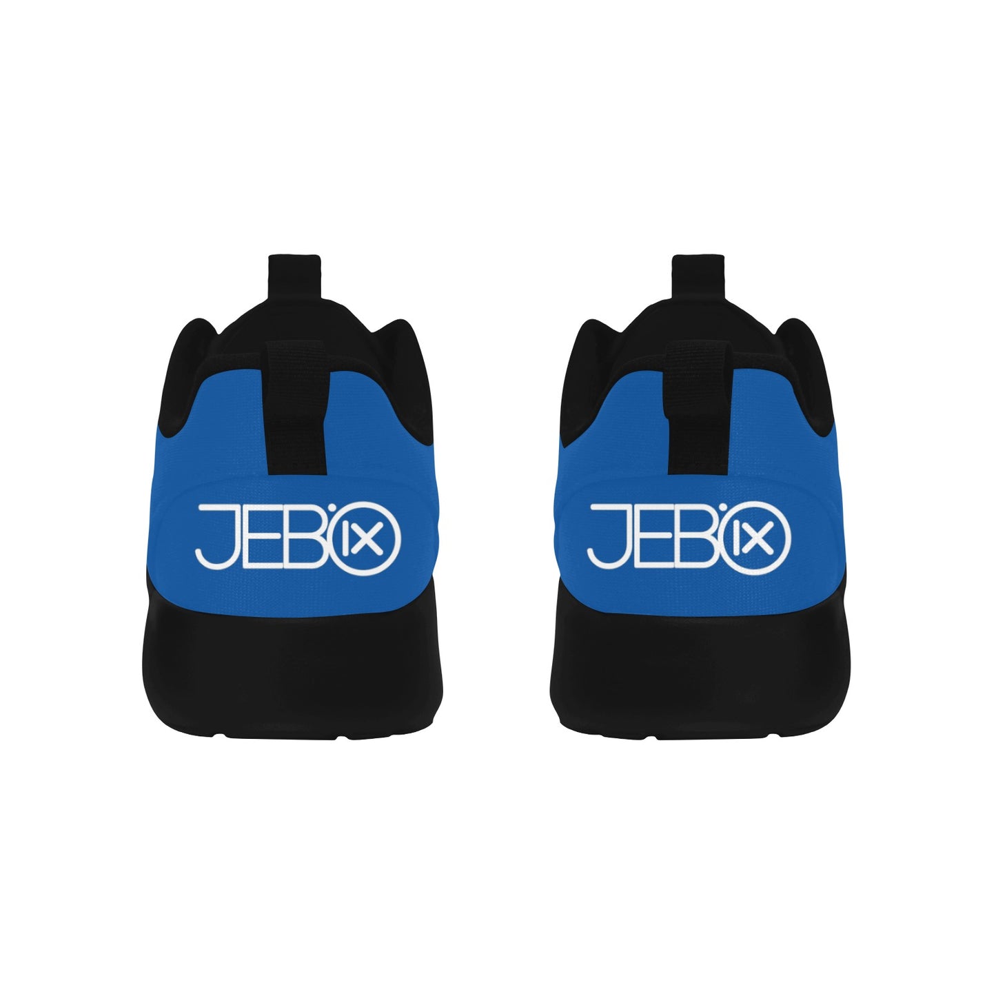 Blue and black lace-up running shoes with JEBIX logo on the heel