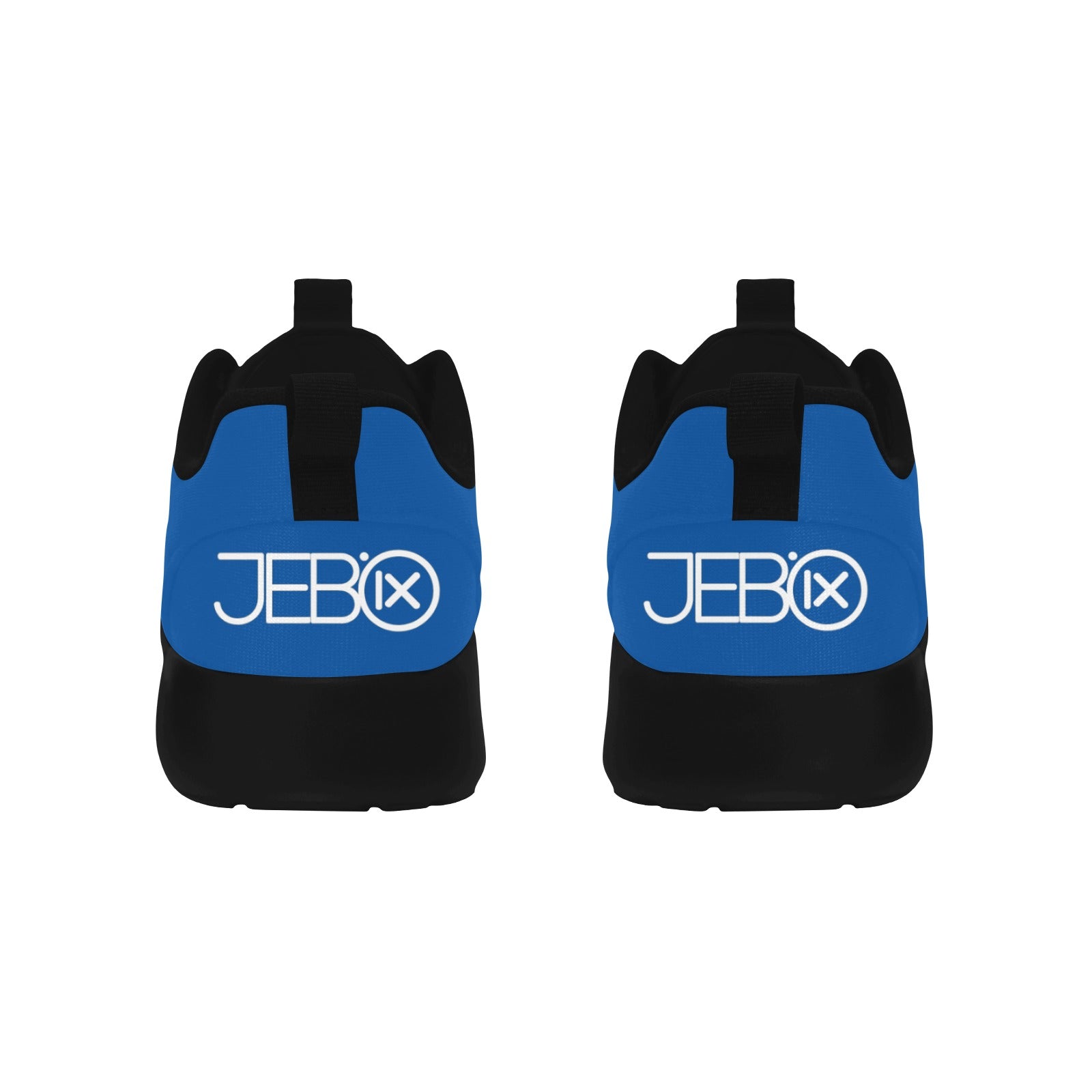 Blue and black lace-up running shoes with JEBIX logo on the heel