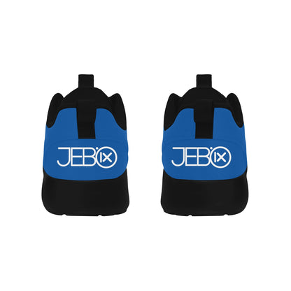 Blue and black lace-up running shoes with JEBIX logo on the heel