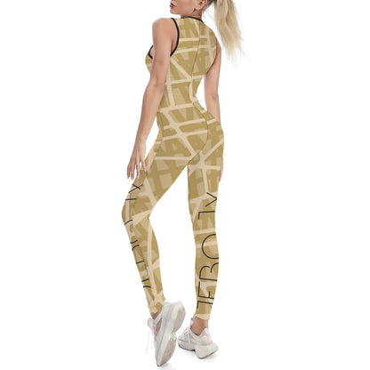 Wheat sleeveless one-piece yoga suit with grid pattern and black-trim back