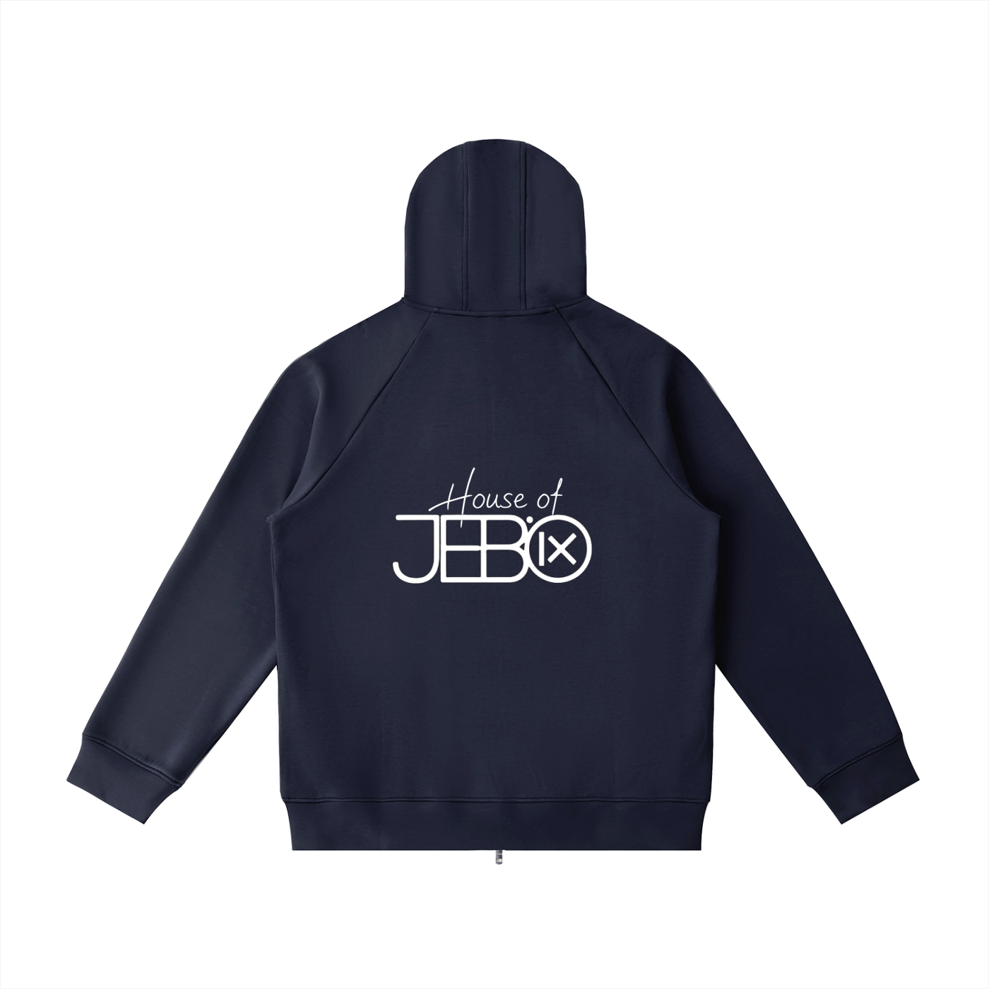 Navy raglan zip hoodie back with hood and large logo graphic