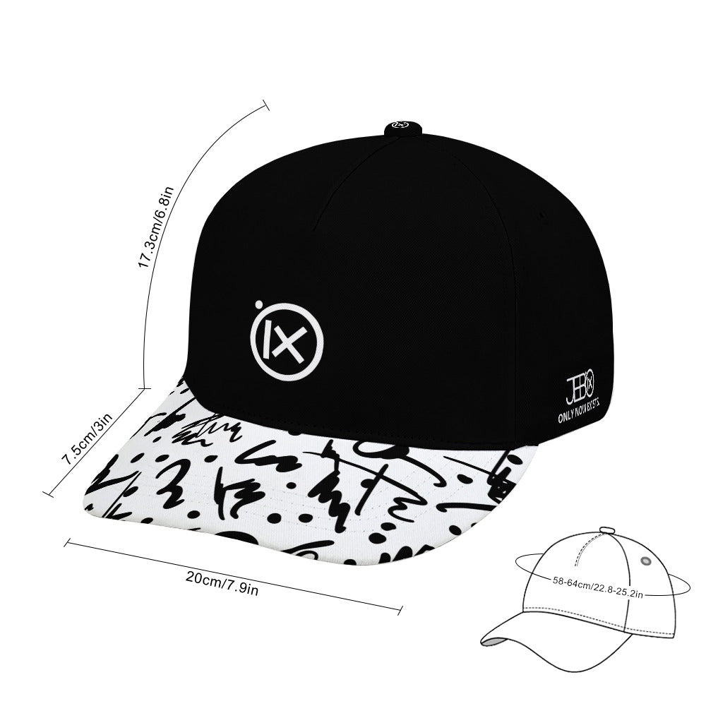 Black baseball cap with green camo brim, Ix logo front, side patch