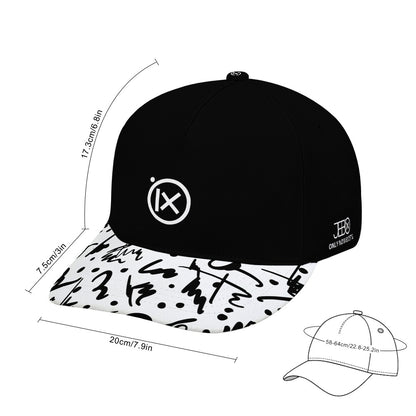 Black baseball cap with green camo brim, Ix logo front, side patch