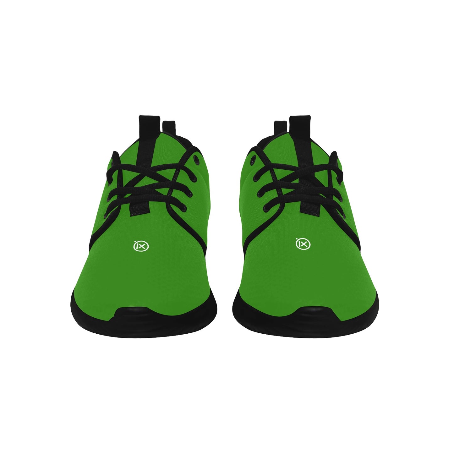 Mens performance running shoes, green upper with black outsole, lace-up front view