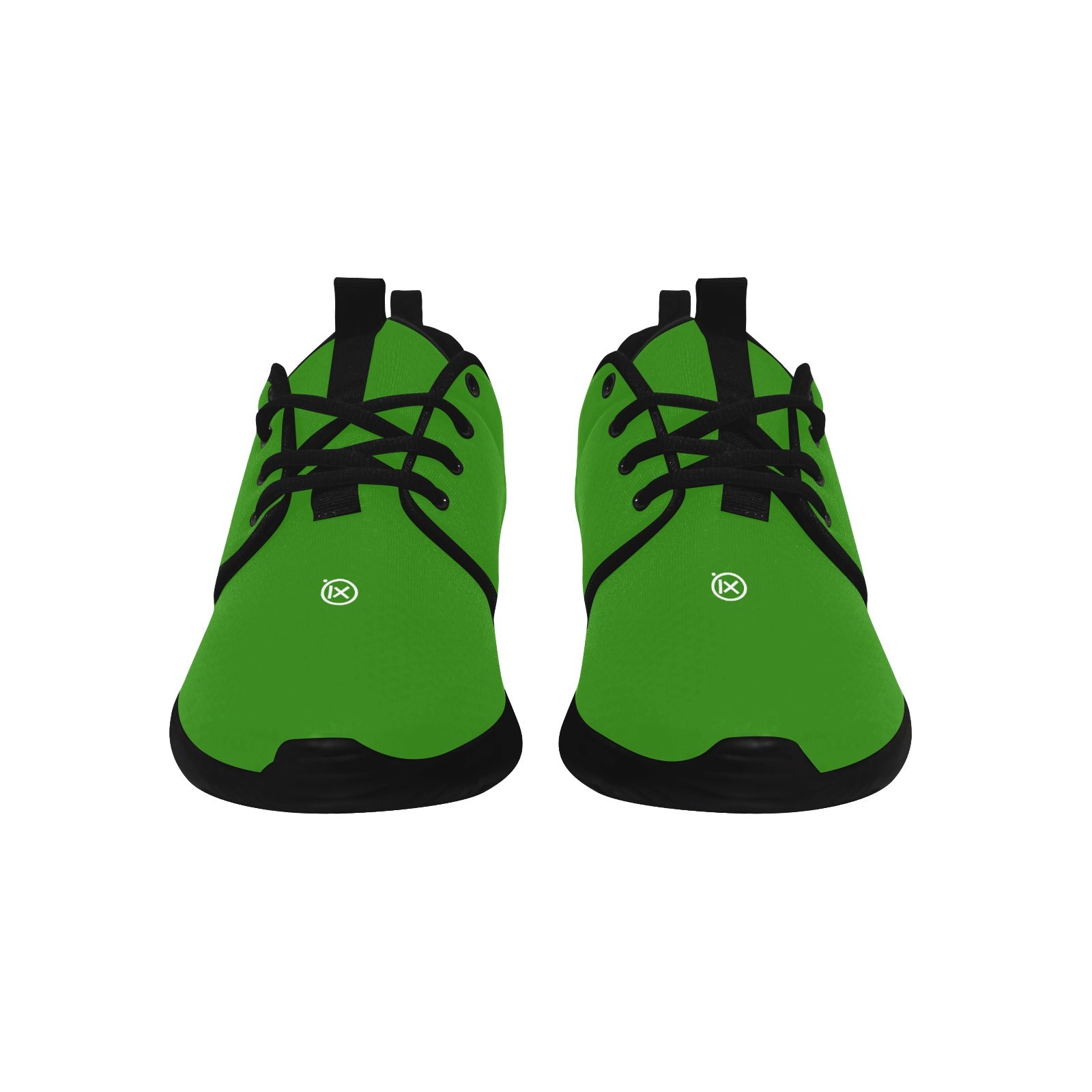 Mens performance running shoes, green upper with black outsole, lace-up front view