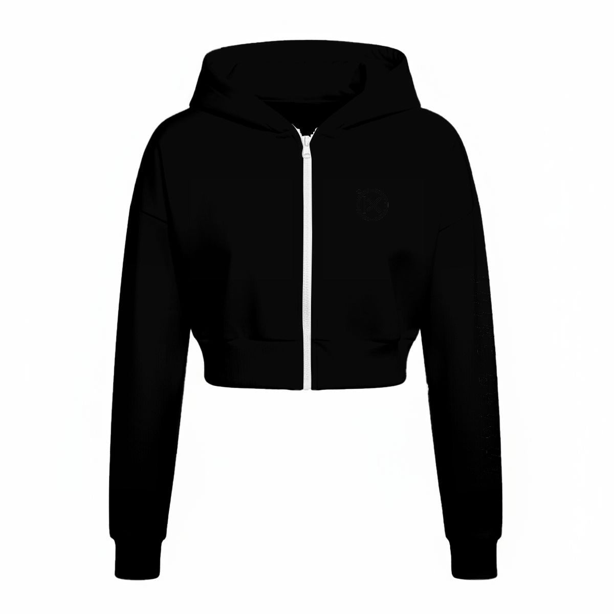 Women’s black fleece zip-up hoodie with front logo and stand collar.