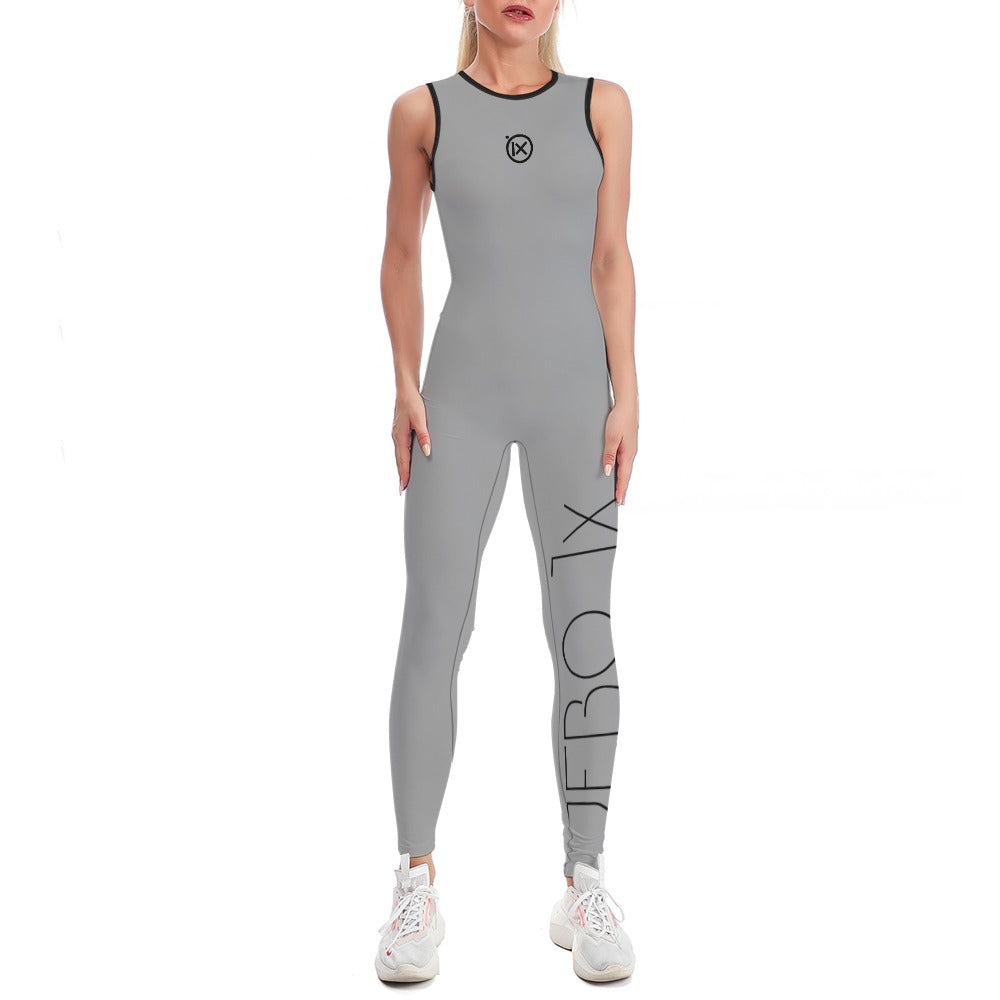 Women’s one-piece yoga suit, dark gray with black-trim neckline and side graphic