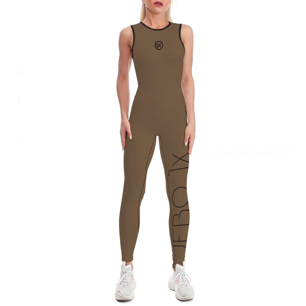 Dark brown sleeveless one-piece yoga suit with black crew neck and leg graphic