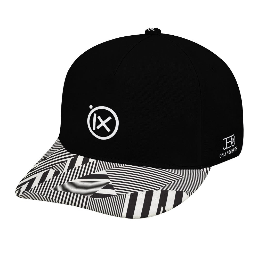 Black baseball cap with striped graphic brim, Ix logo front, JEBO tag side.