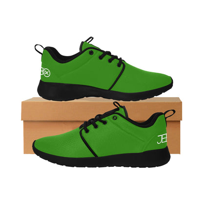 Mens performance running shoes, green lace-up on box, black sole and contrast laces
