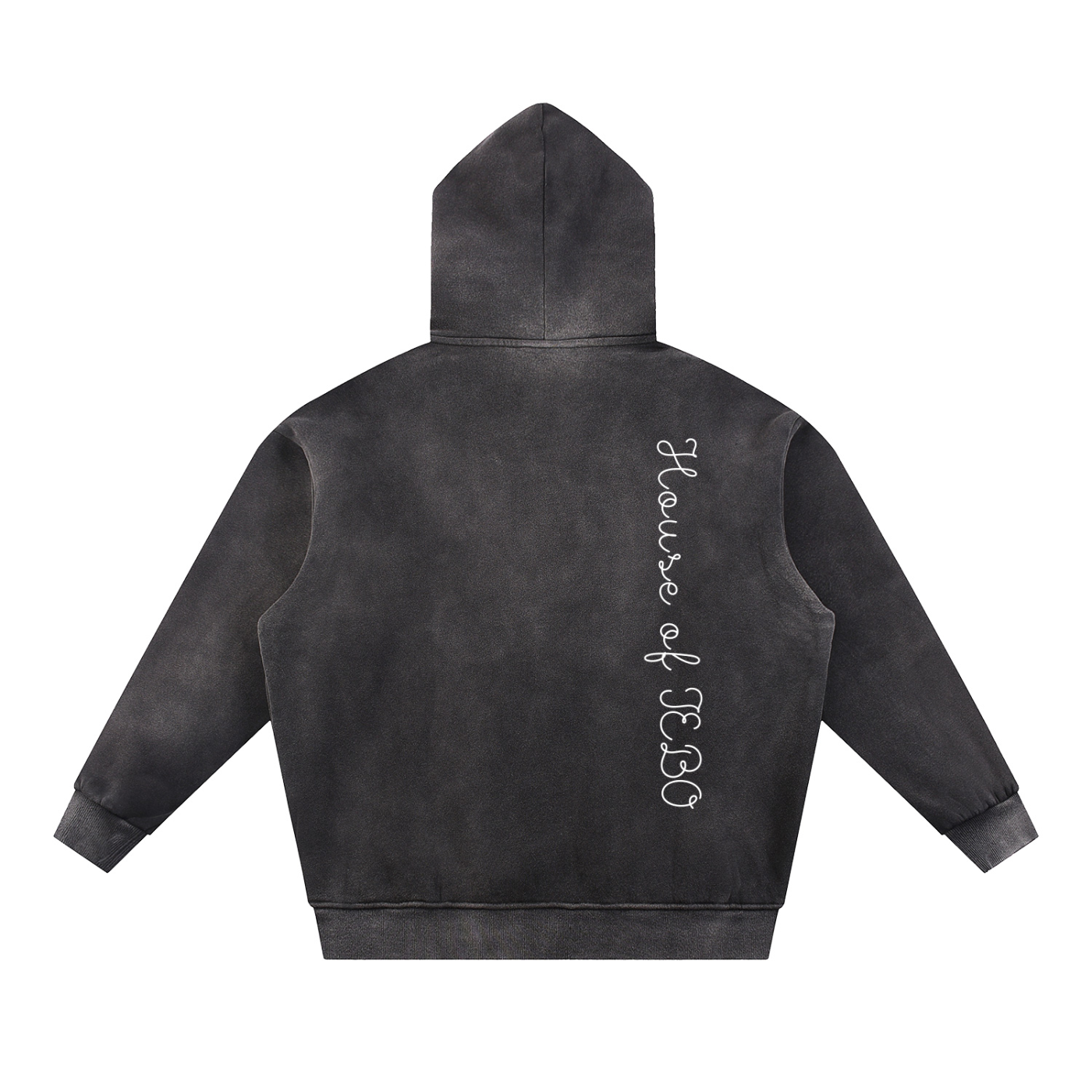 Black contrast hoodie with vertical script on back, drawstring hood, kangaroo pocket