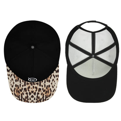 Baseball cap views: front with black crown and leopard-print brim, and white mesh back
