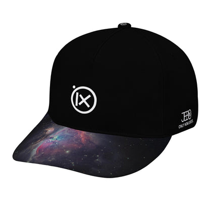 Black baseball cap with iX front logo, side logo, and galaxy-pattern brim